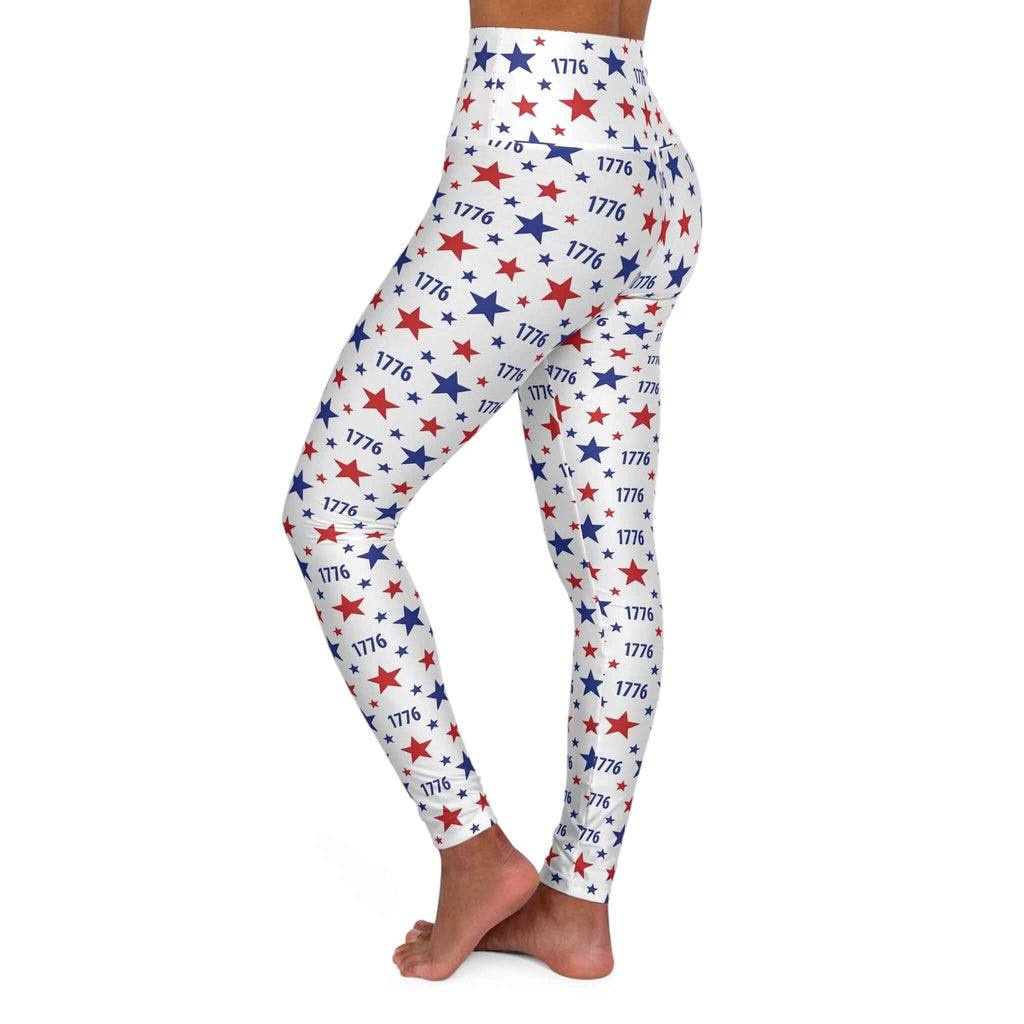 America 250th Anniversary Leggings showcasing a vibrant 1776 star print on a model's leg, ideal for active wear.