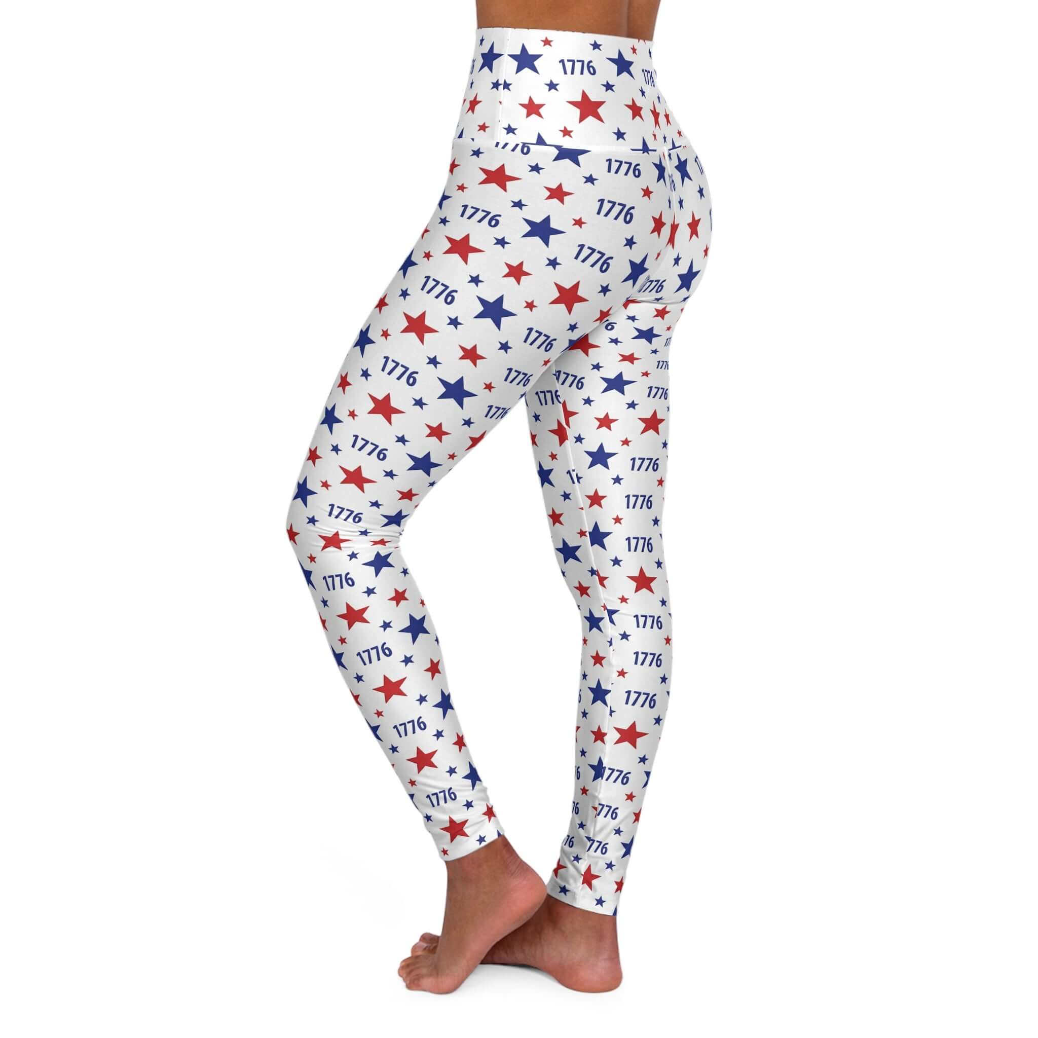 America 250th Anniversary Leggings showcasing a vibrant 1776 star print on a model's leg, ideal for active wear.