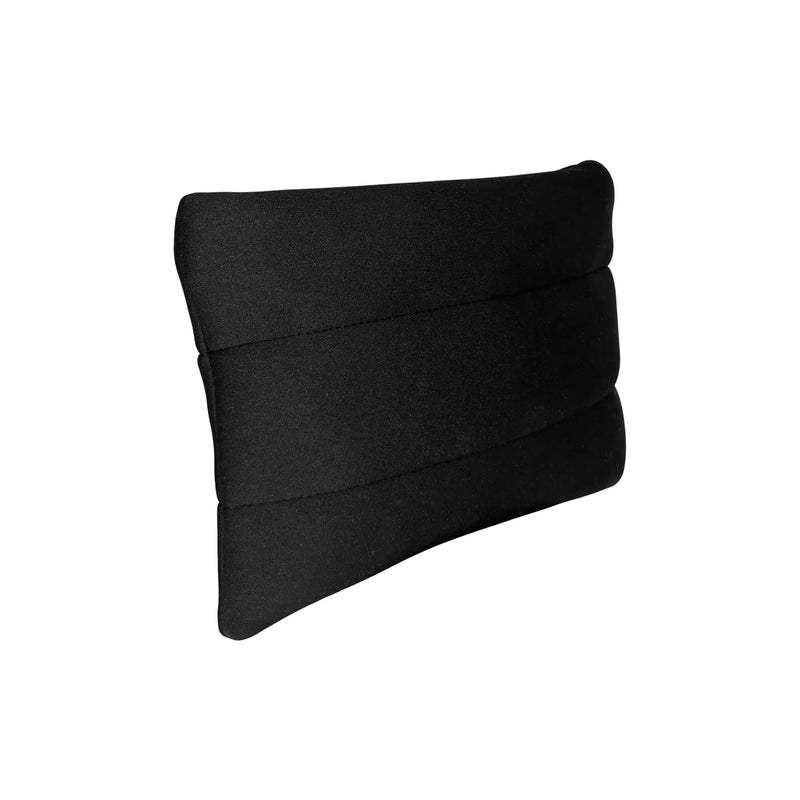 Black padded makeup bag with a quilted design, perfect for organizing beauty essentials while traveling.
