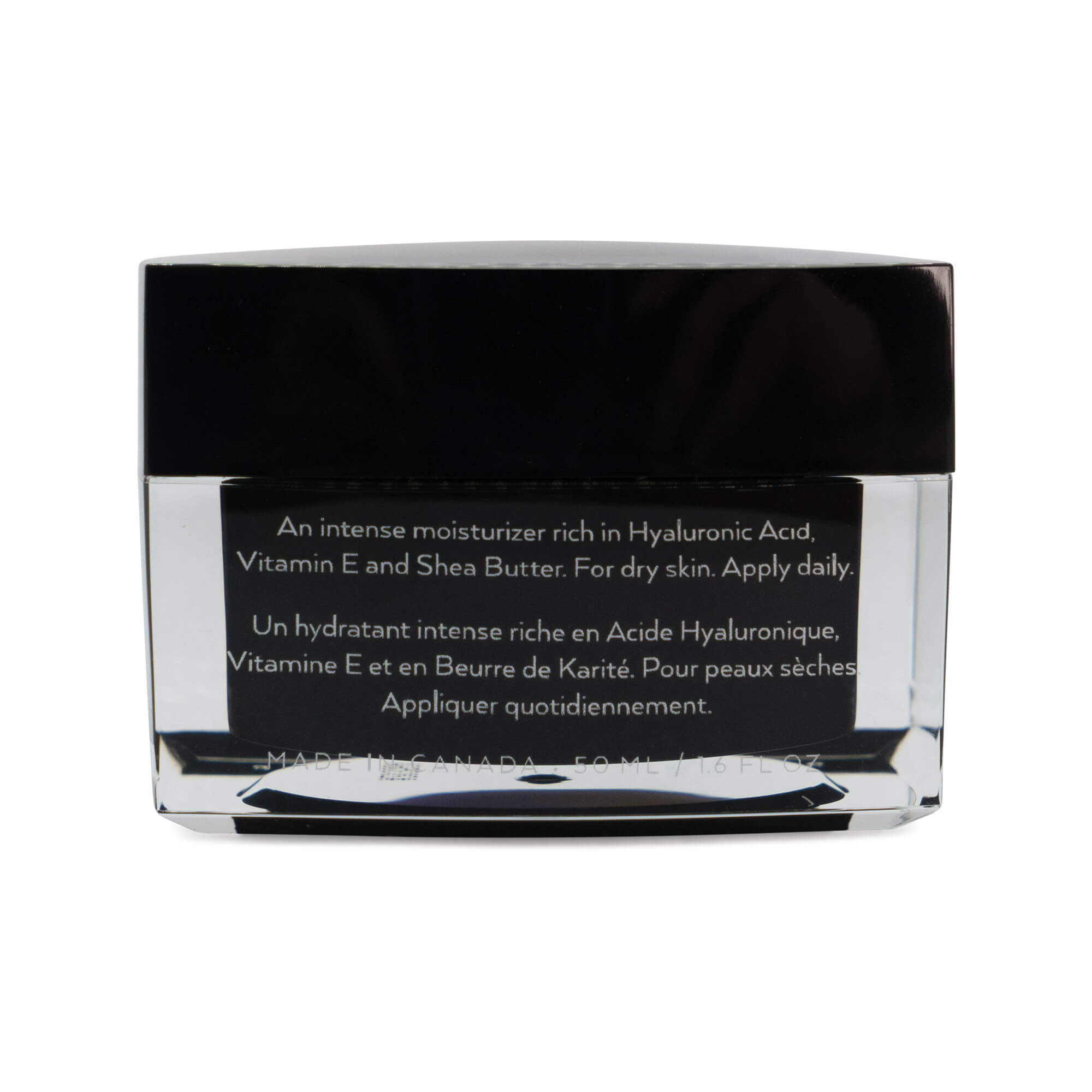 Hyaluronic Moisturizer For Dry Skin in a clear jar with a black lid, rich in hyaluronic acid and shea butter.