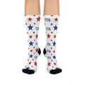Cushioned crew socks America 250th Anniversary featuring stars and 1776 print in vibrant colors.