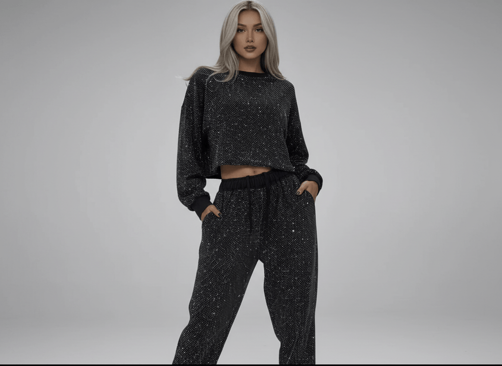Model wearing a rhinestone two-piece set featuring a long sleeve top and pants with a stylish drawstring.