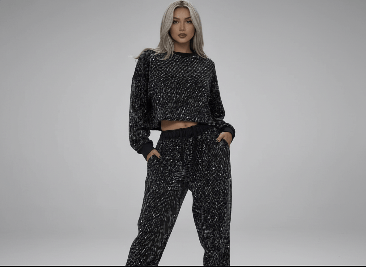 Model wearing a rhinestone two-piece set featuring a long sleeve top and pants with a stylish drawstring.