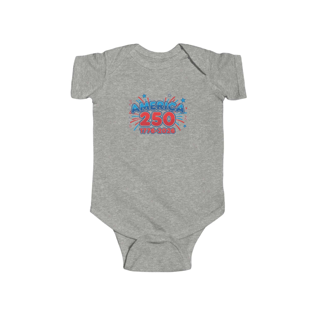 Patriotic baby onesie featuring America 250 design with bright colors and fireworks on a gray background.