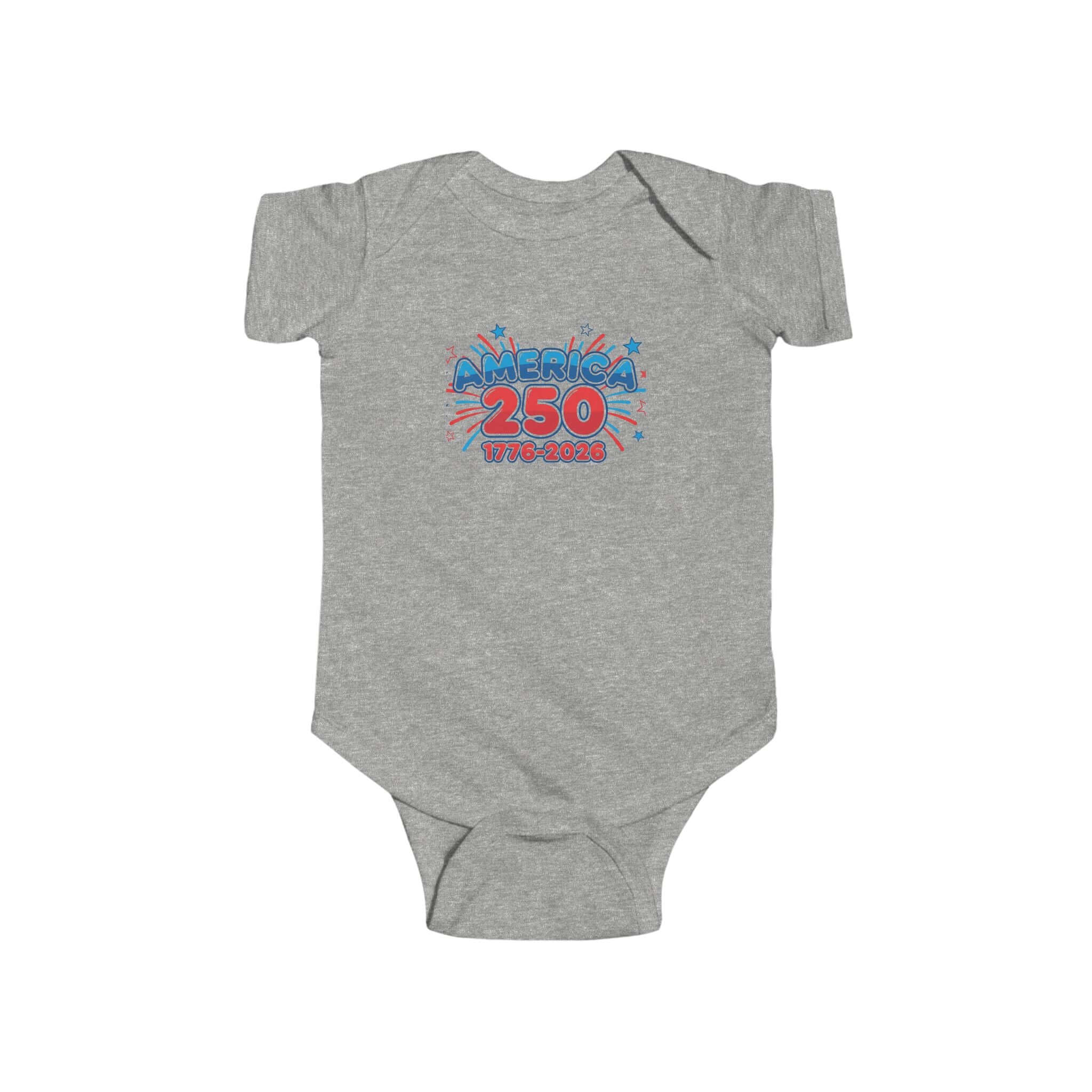 Patriotic baby onesie featuring America 250 design with bright colors and fireworks on a gray background.