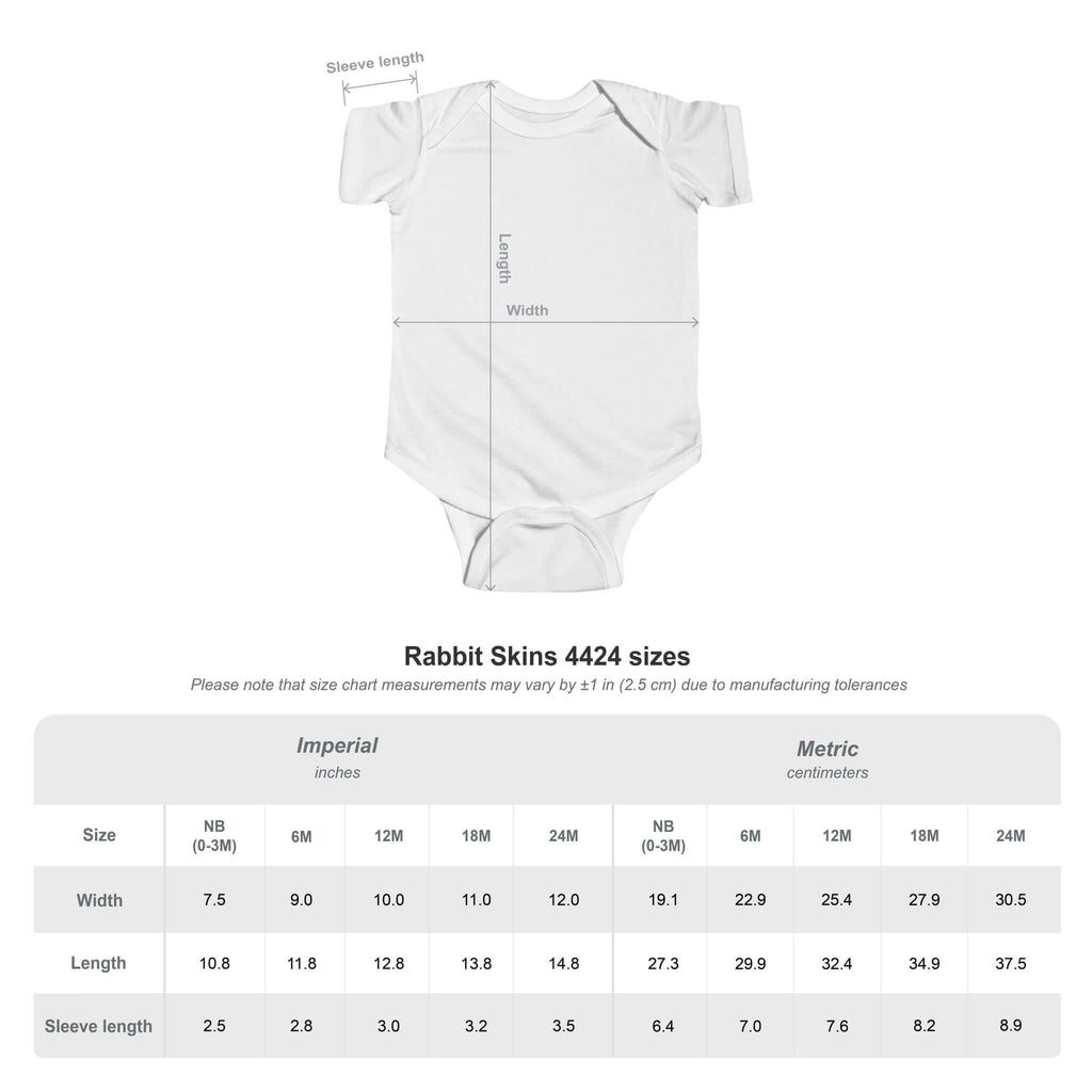 Size chart for Patriotic Baby Onesie America 250th Anniversary featuring measurements for infants in inches and centimeters.