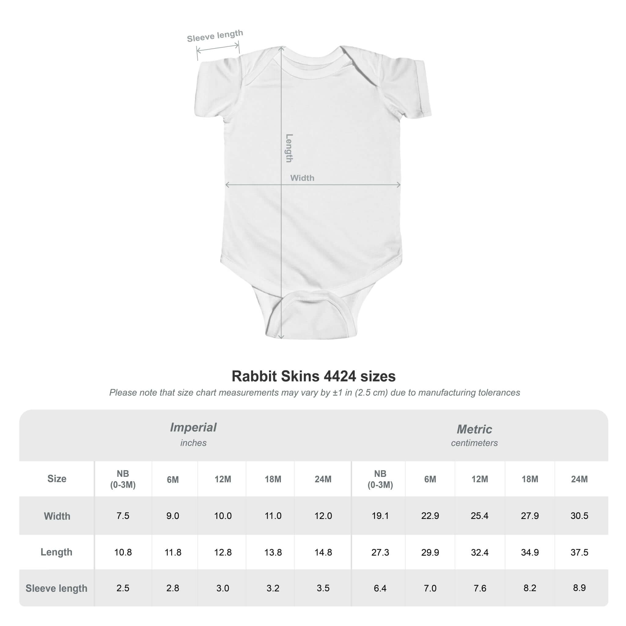 Size chart for Patriotic Baby Onesie America 250th Anniversary featuring measurements for infants in inches and centimeters.
