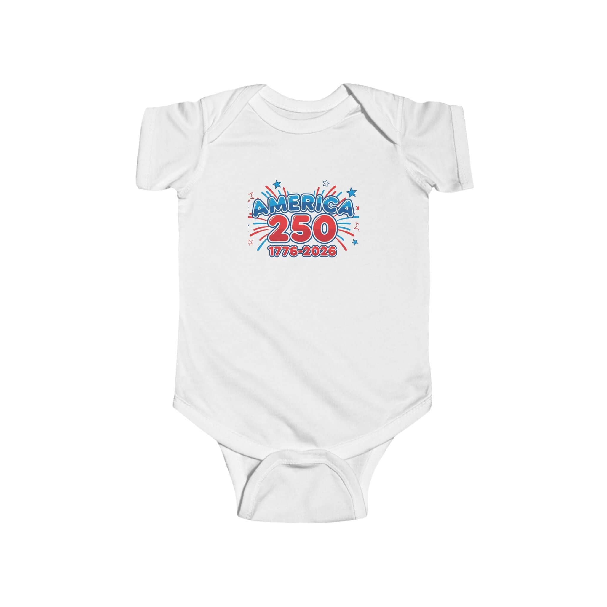 Patriotic baby onesie celebrating America 250th anniversary with colorful design and soft fabric.