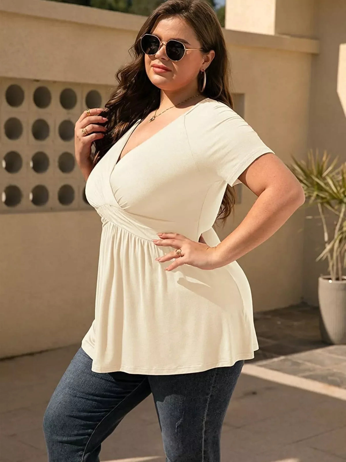 Plus Size Surplice Short Sleeve T-Shirt Apricot Front View