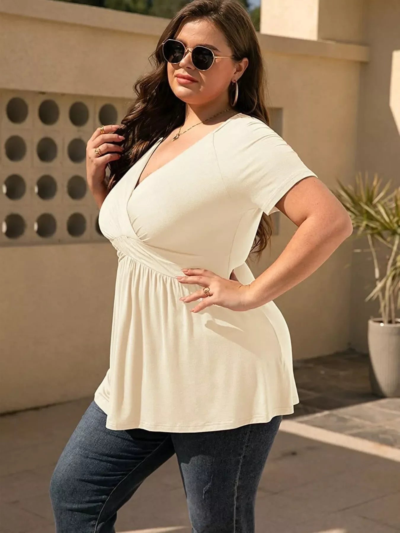 Plus Size Surplice Short Sleeve T-Shirt Apricot Front View