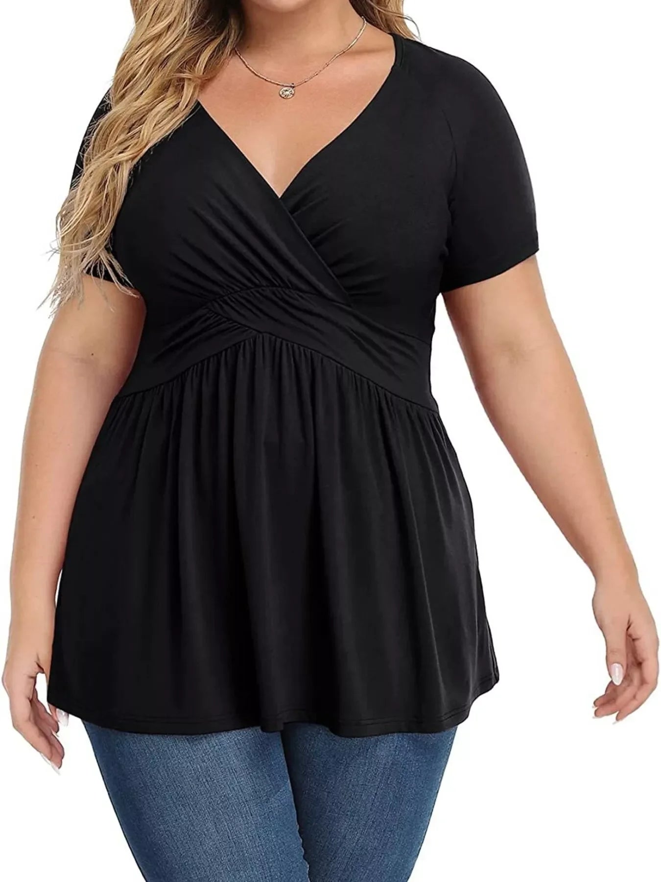 Plus Size Surplice Short Sleeve T-Shirt Black Front View