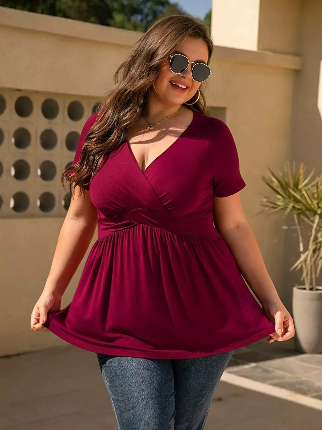 Plus Size Surplice Short Sleeve T-Shirt Burgundy Front View