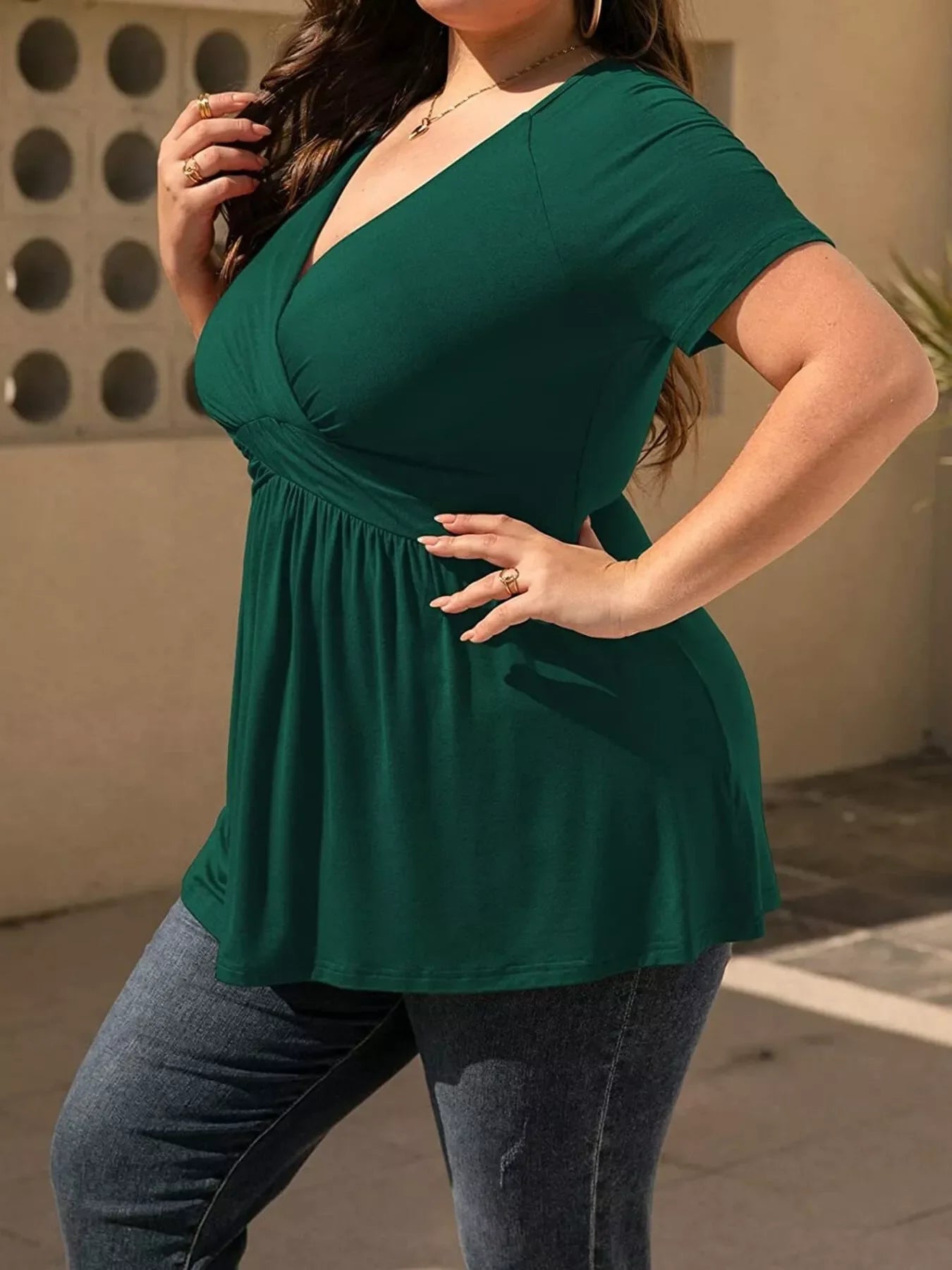 Plus Size Surplice Short Sleeve T-Shirt Dark Green Front View