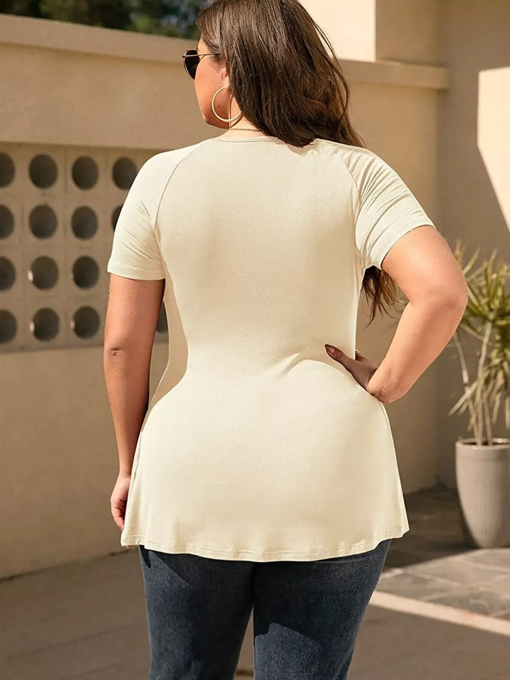 Plus Size Surplice Short Sleeve T-Shirt Ivory Back View