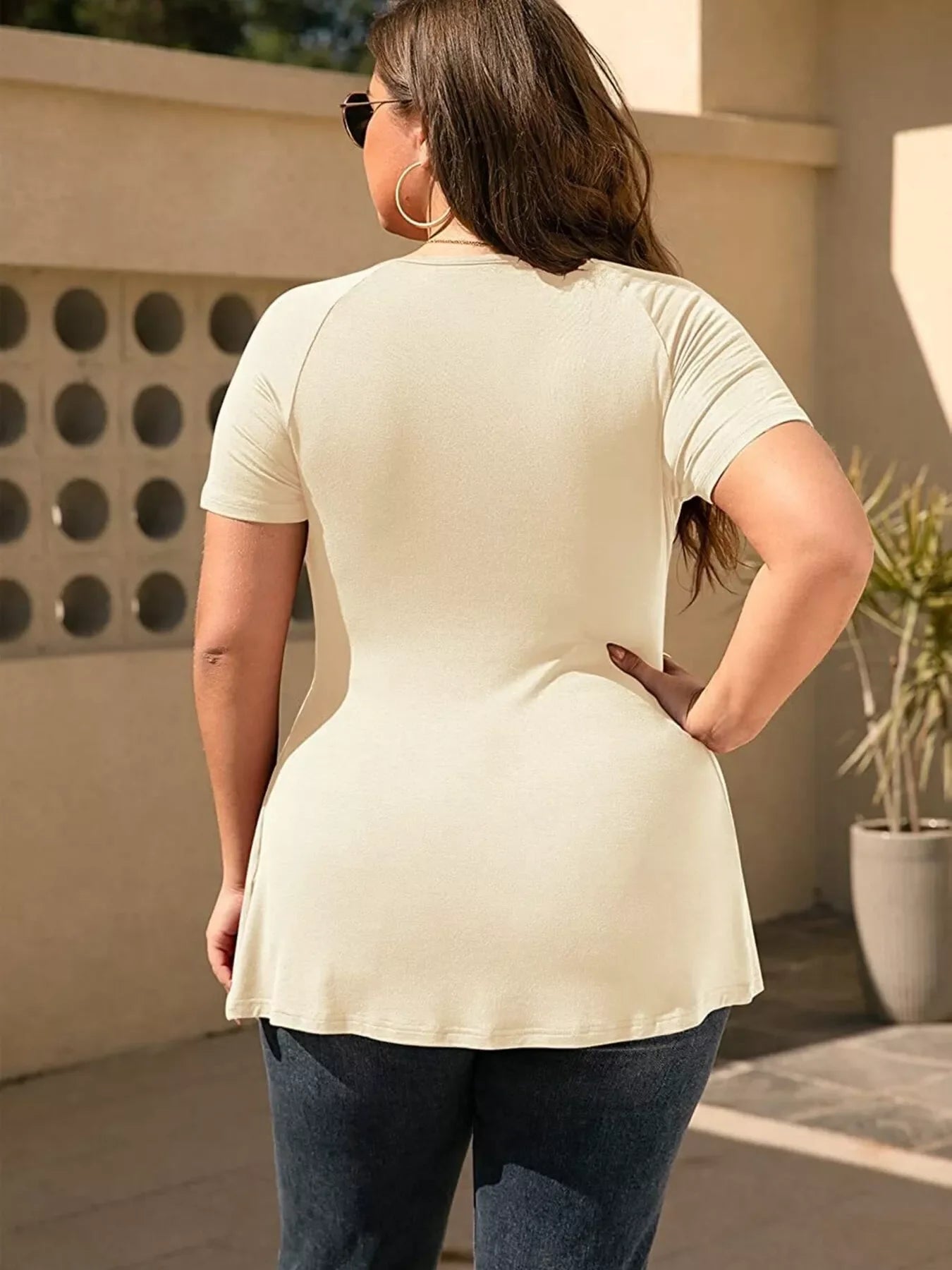 Plus Size Surplice Short Sleeve T-Shirt Ivory Back View