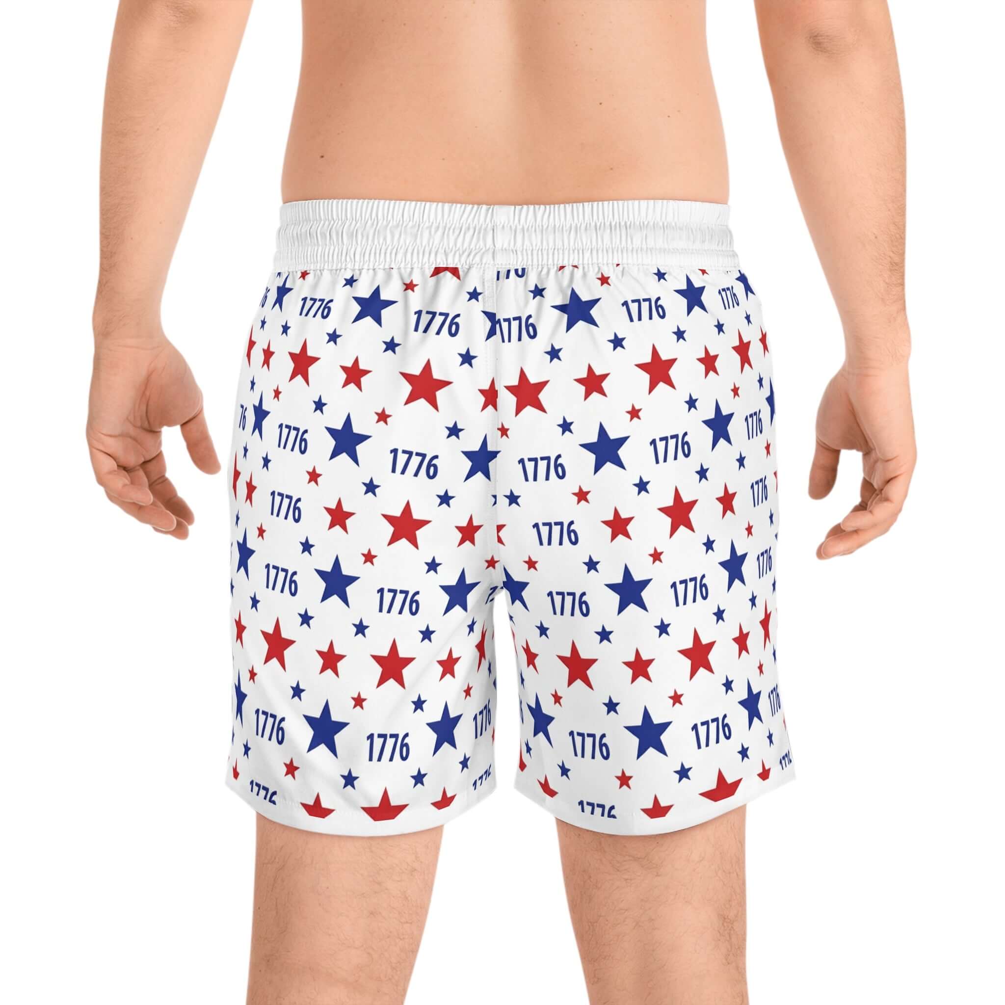 Red White Blue Swim Shorts featuring a star pattern for America's 250th Anniversary, perfect for summer fun.