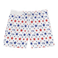 Red white blue swim shorts featuring stars and "1776" print for America's 250th Anniversary celebration.