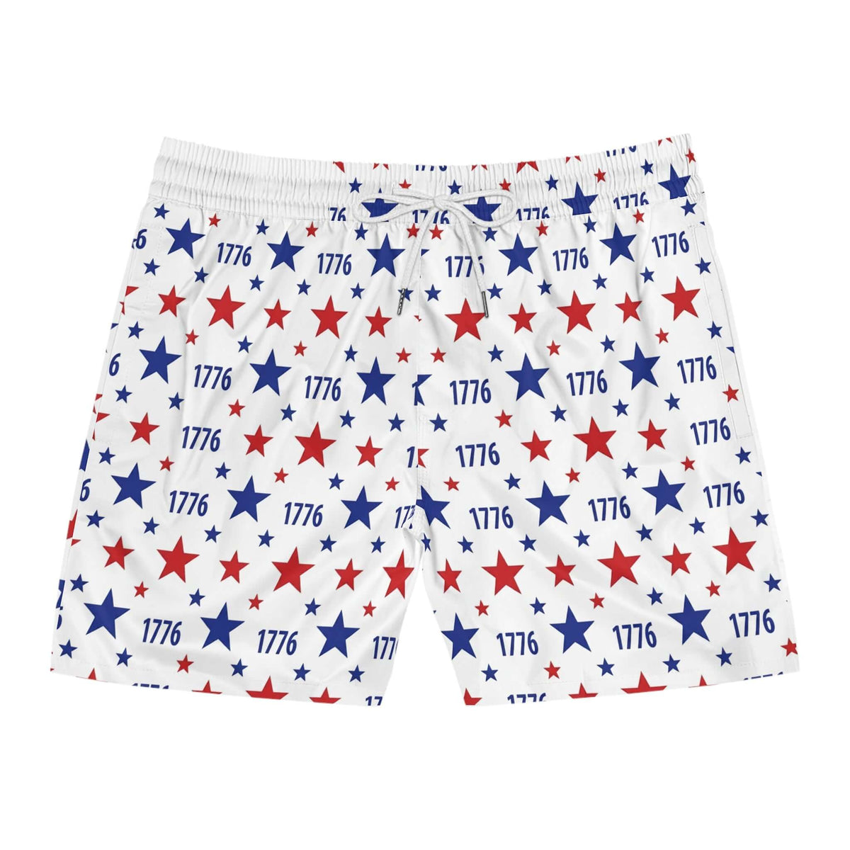 Red white blue swim shorts featuring stars and "1776" print for America's 250th Anniversary celebration.