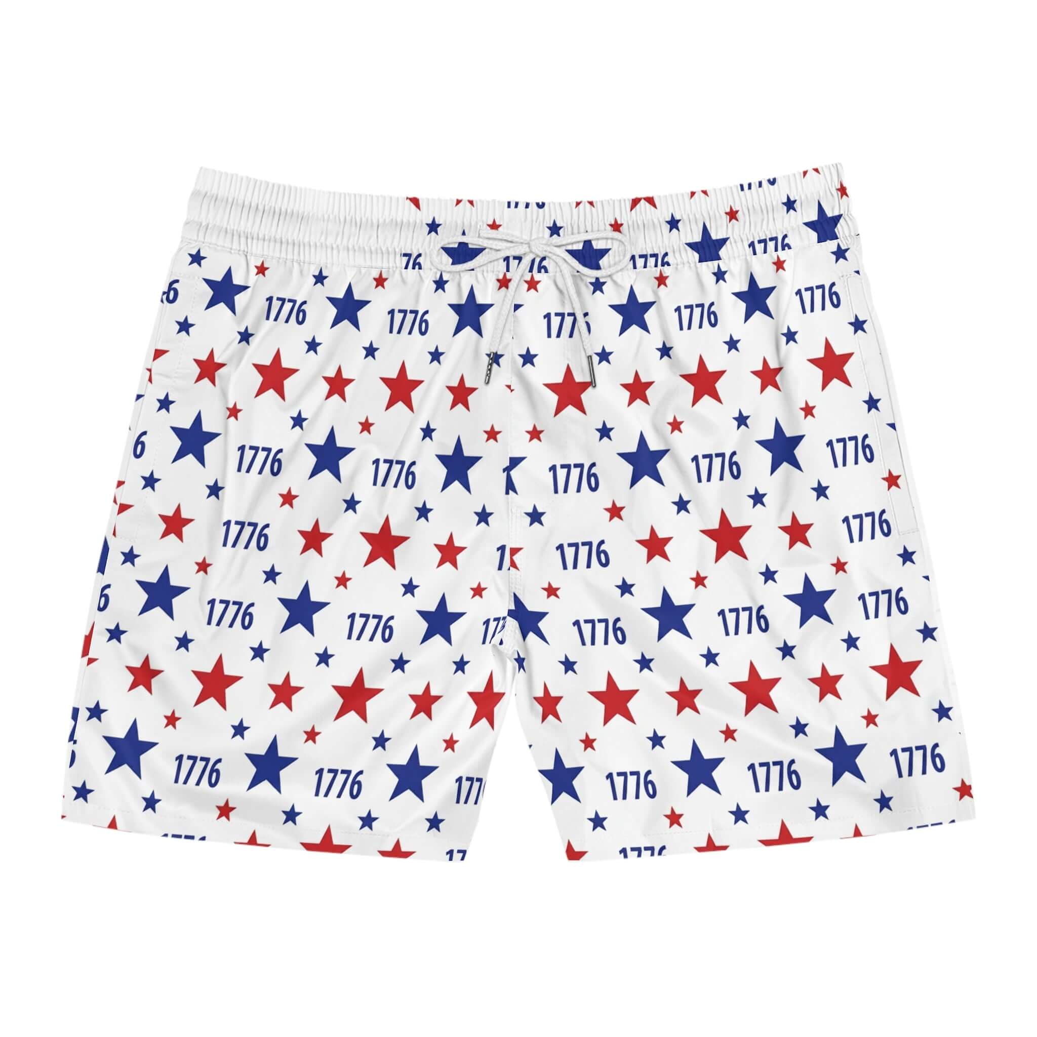 Red white blue swim shorts featuring stars and "1776" print for America's 250th Anniversary celebration.