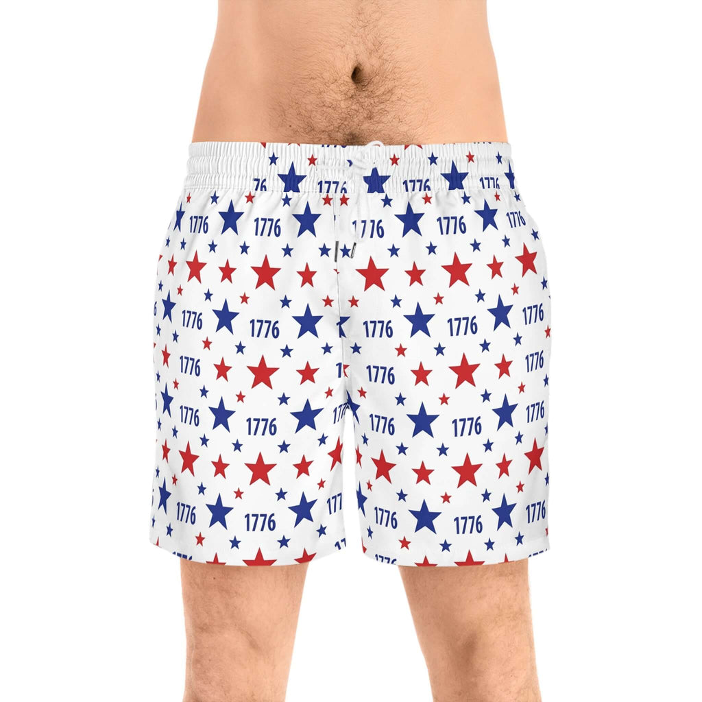 Red White Blue Swim Shorts featuring stars and 1776, perfect for America’s 250th Anniversary celebration.