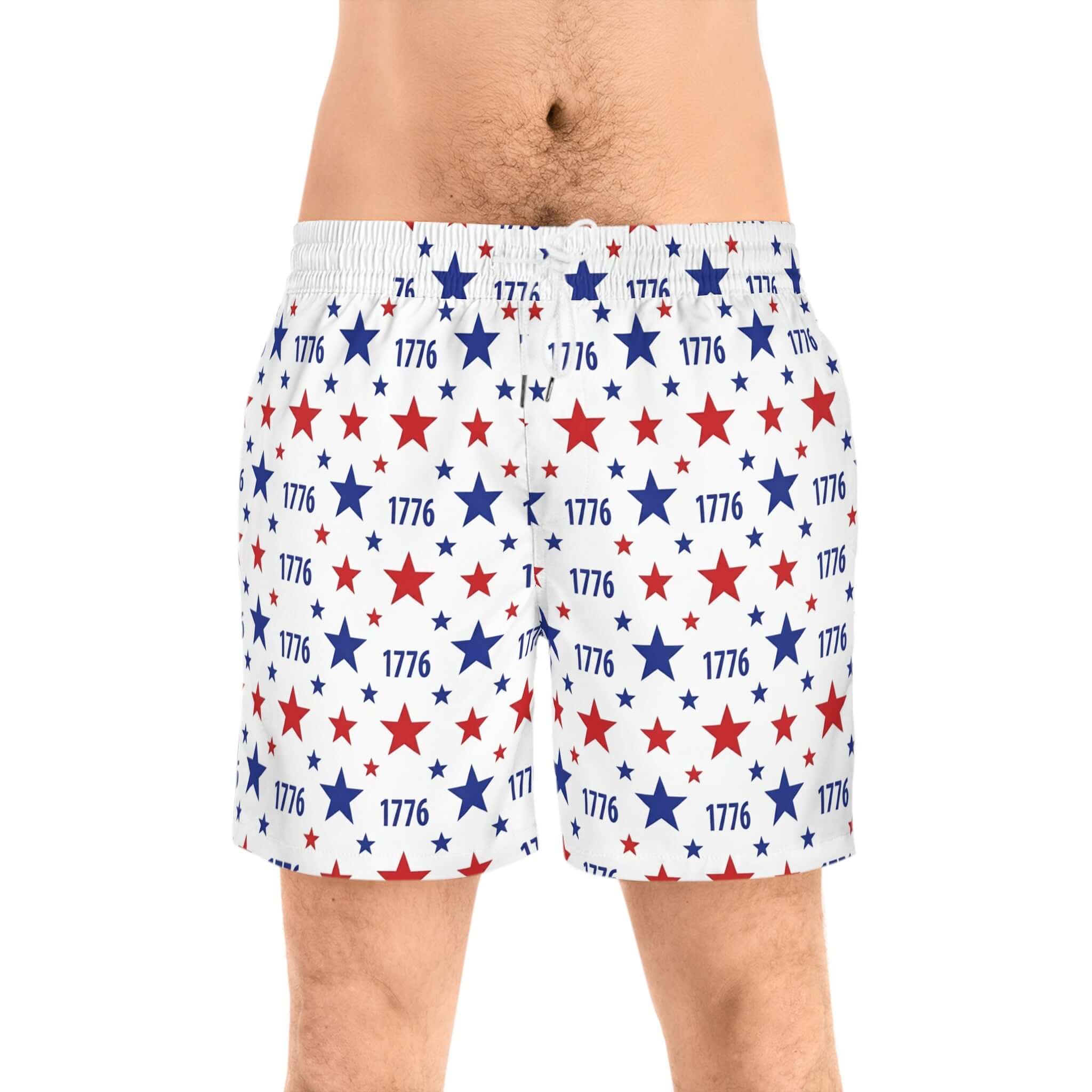 Red White Blue Swim Shorts featuring stars and 1776, perfect for America’s 250th Anniversary celebration.