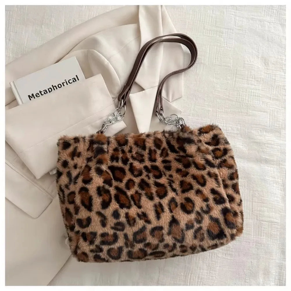 Winter Fashion Leopard Print Plush Women's Bags | Versatile Casual Trendy Premium Texture Large Capacity Shoulder Handbag