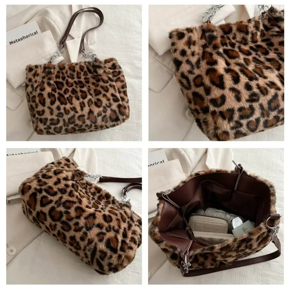 Winter Fashion Leopard Print Plush Women's Bags | Versatile Casual Trendy Premium Texture Large Capacity Shoulder Handbag