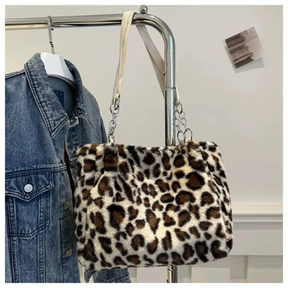 Winter Fashion Leopard Print Plush Women's Bags | Versatile Casual Trendy Premium Texture Large Capacity Shoulder Handbag
