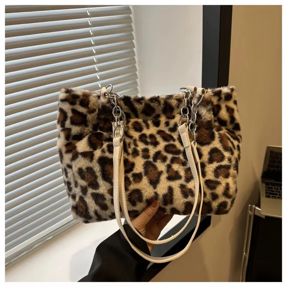 Winter Fashion Leopard Print Plush Women's Bags | Versatile Casual Trendy Premium Texture Large Capacity Shoulder Handbag