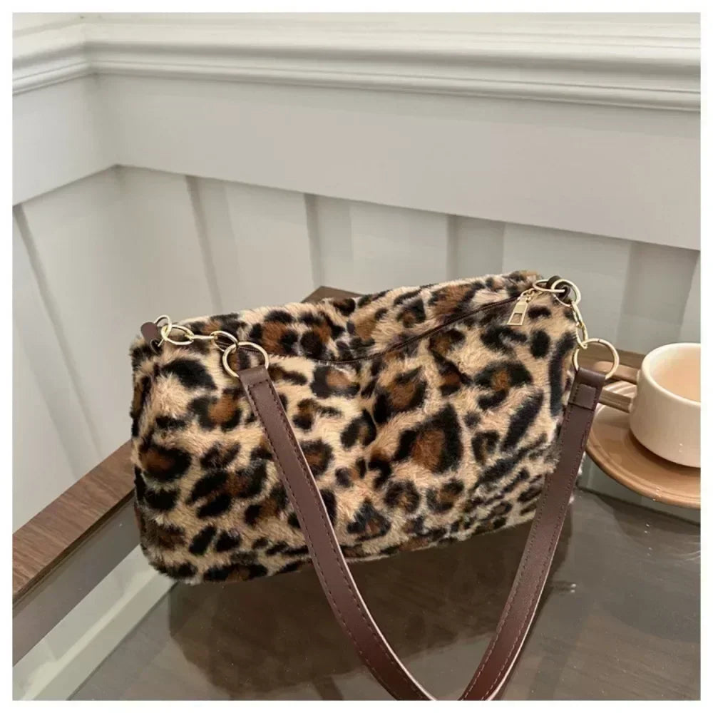 Winter Fashion Leopard Print Plush Women's Bags | Versatile Casual Trendy Premium Texture Large Capacity Shoulder Handbag
