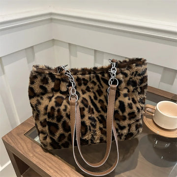 Winter Fashion Leopard Print Plush Women's Bags | Versatile Casual Trendy Premium Texture Large Capacity Shoulder Handbag