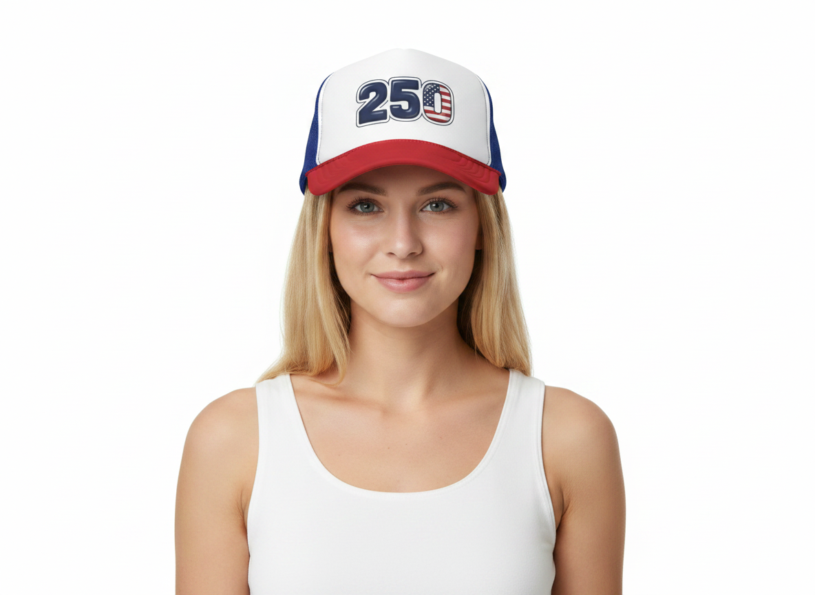 America's 250th Birthday Trucker Hat with bold '250' graphic and breathable design.