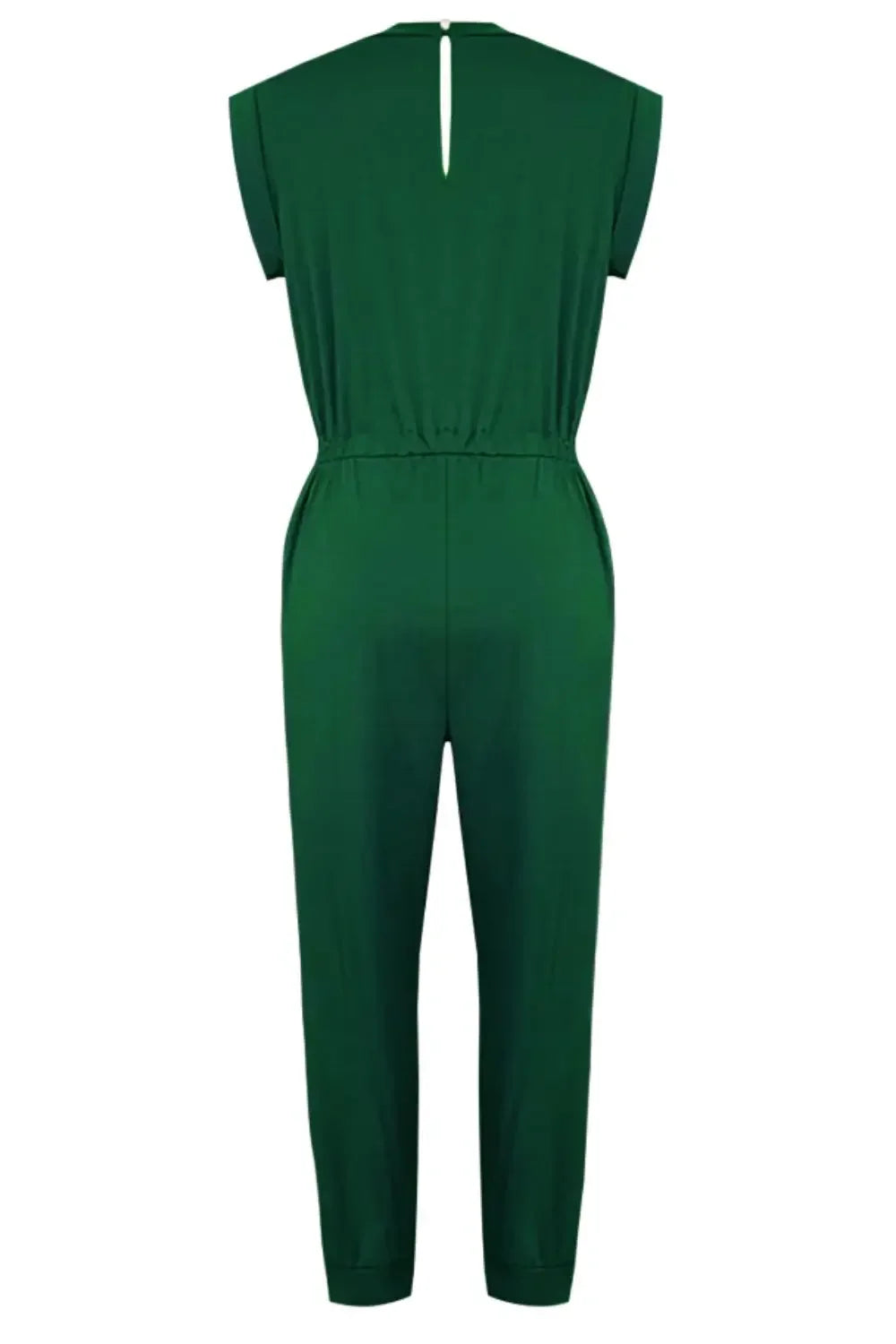 EmpowerEase Sleeveless Drawstring Jumpsuit back view in green with adjustable drawstring waist and sleeveless design.