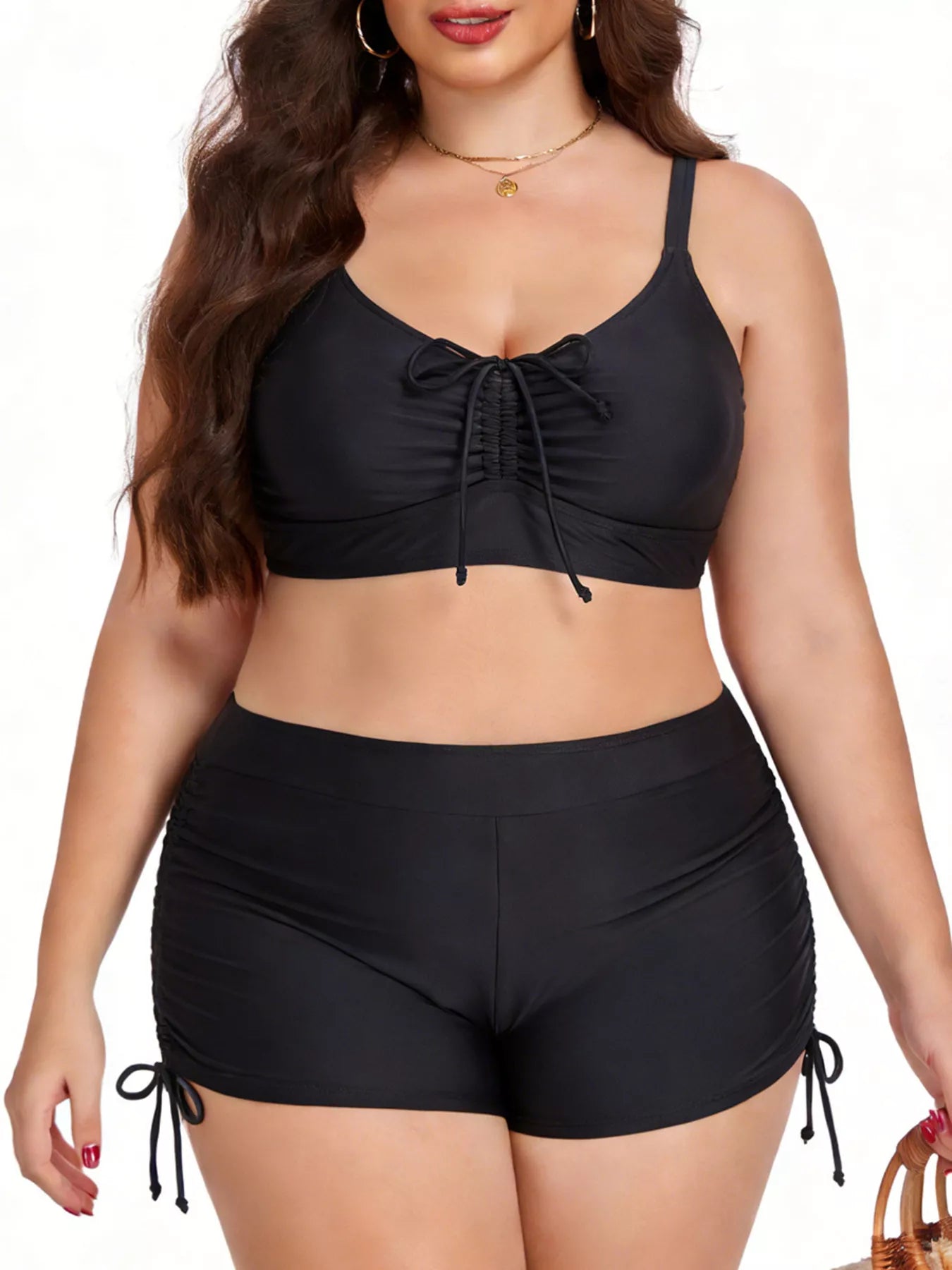Plus size bathing suit ruched drawstring two-piece with removable padding and stretchy material