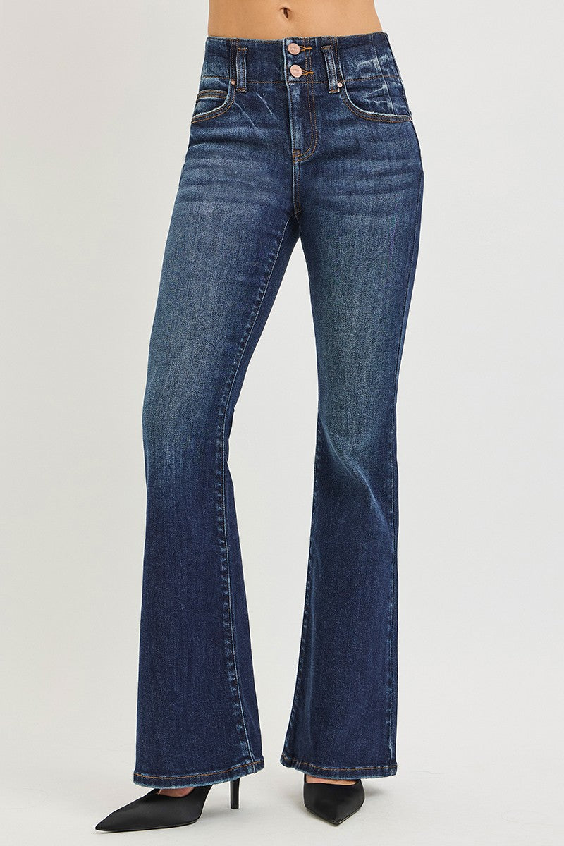 Dark Blue High Rise Flare Jeans With Seam Detail Waistband displayed on a model, featuring a flattering fit.
