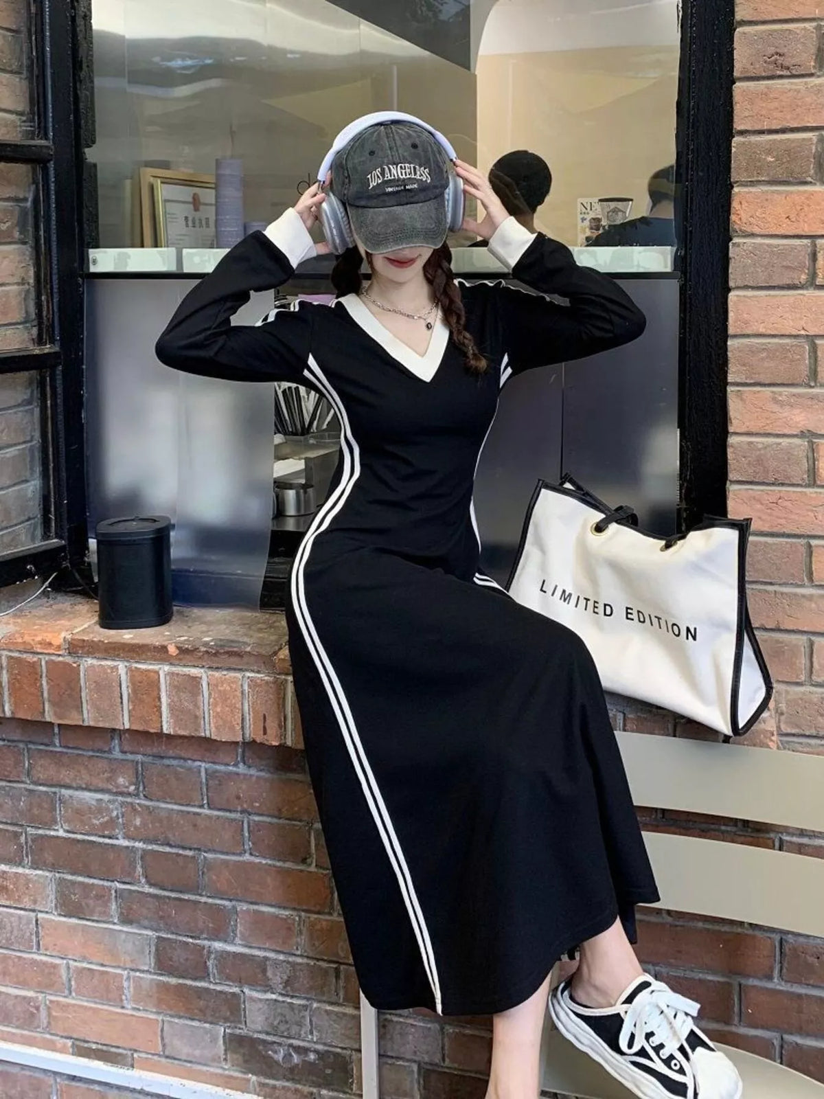 Long Sleeve Plus Size Dress V-Neck Long Sleeve Bodycon Midi Dress with Side Stripes worn by model.