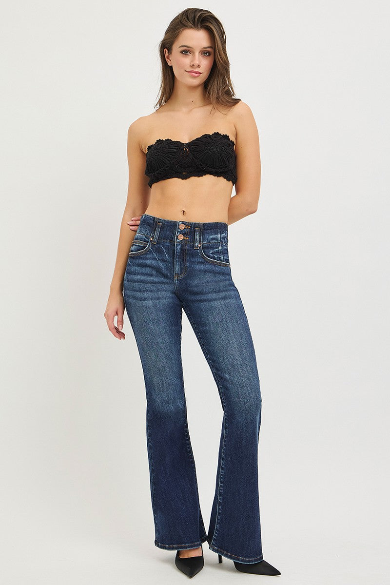 Dark Blue High Rise Flare Jeans With Seam Detail Waistband on model with black crop top.