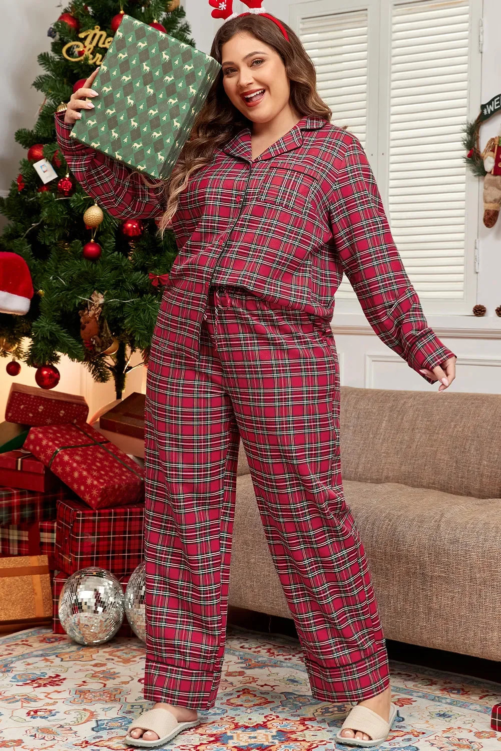 Plus Size Plaid Collared Neck Top and Pants Lounge Set worn by model in festive setting.