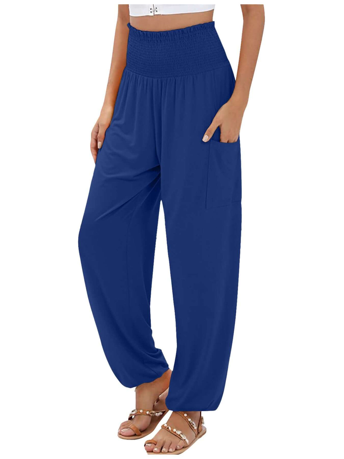 Plus Size Harem Pants - Smocked Waist with Pockets Size Inclusive (S to 5XL) in blue, featuring a comfortable fit and pockets.