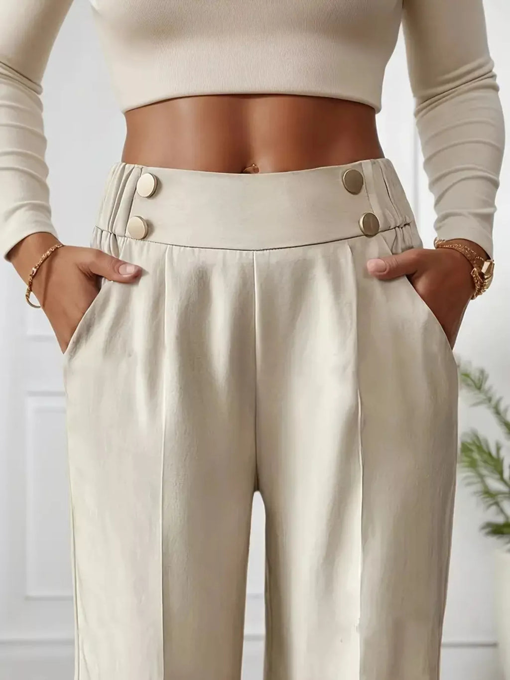 Full Size High-Waisted Wide-Leg Pants Plus Size with stylish buttons and pockets, perfect for comfortable fashion.