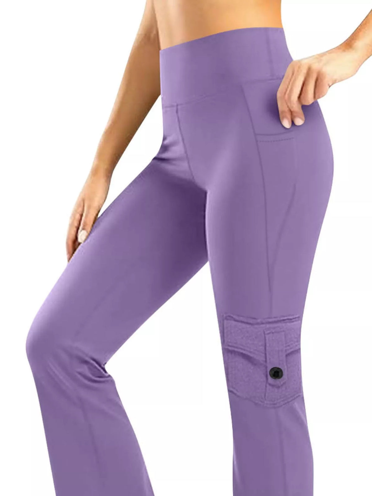 High-waisted yoga pants with pockets in purple, designed for comfort and versatility during workouts.