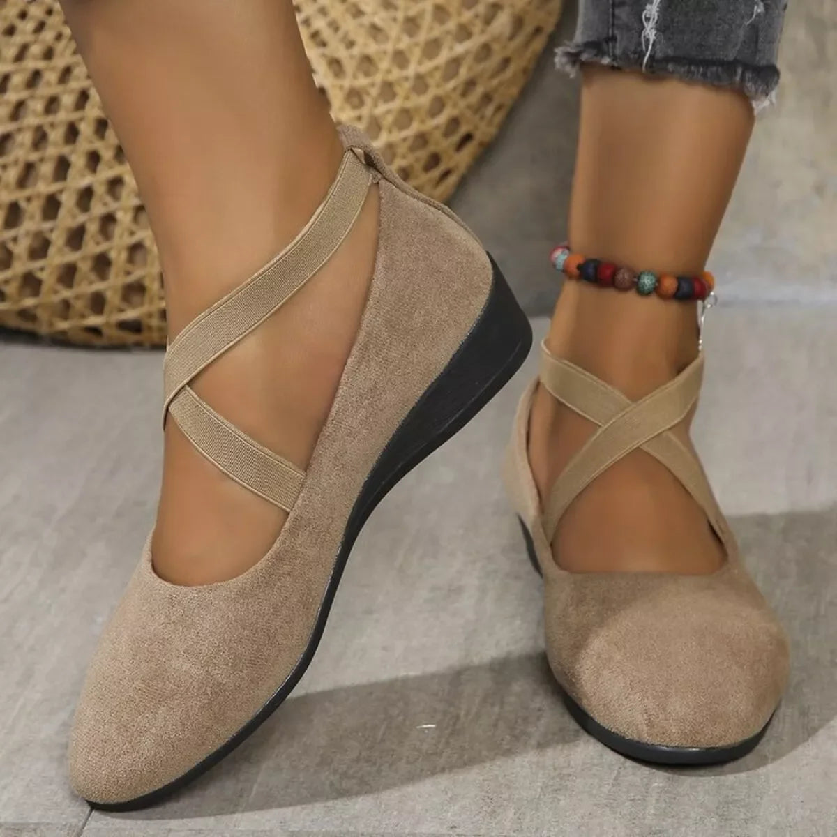 Round Toe Wedge Loafers in soft beige with crisscross straps for stylish comfort.