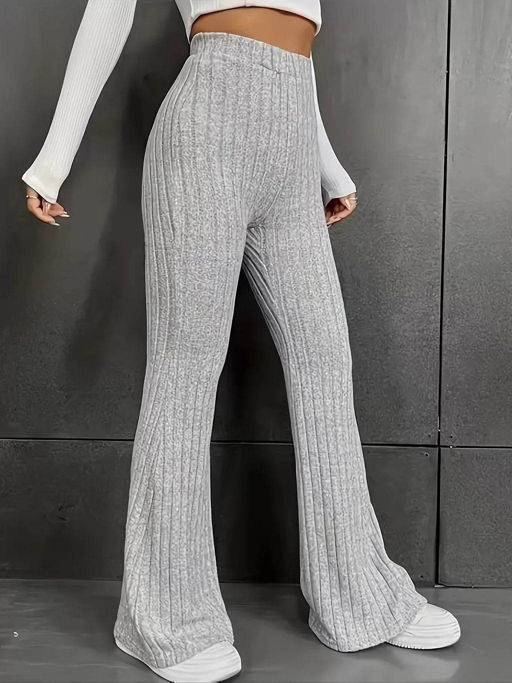 Plus Size Ribbed Knit High Waist Flare Pants showcased in gray ribbed fabric, perfect for comfort and style.