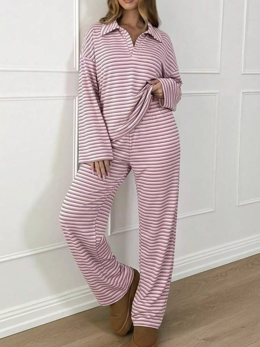 Casual Striped Polo Collar Long Sleeve Top and Wide-Leg Pants Set modeled in a stylish pink and white striped design.
