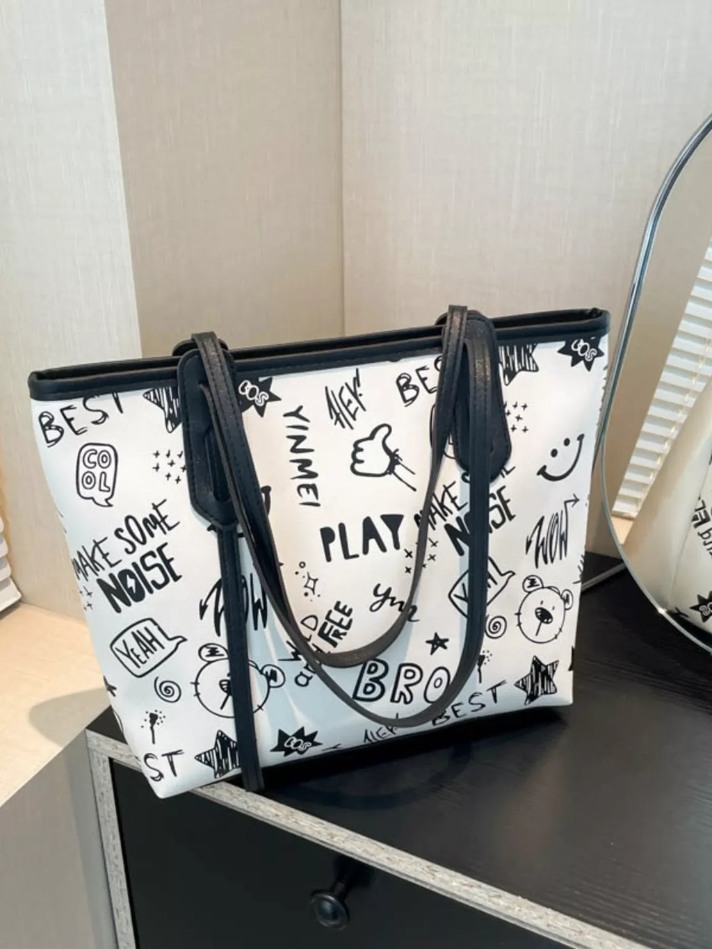 Graffiti Print Tote Bag – Large Canvas Shoulder Bag for Women with unique black and white street art designs