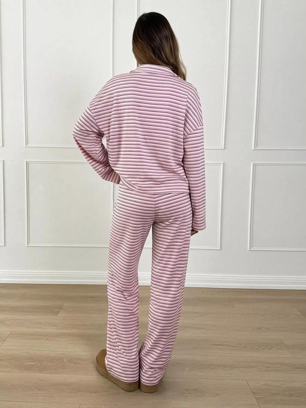 Casual Striped Polo Collar Long Sleeve Top and Wide-Leg Pants Set worn from the back, showcasing a relaxed fit.