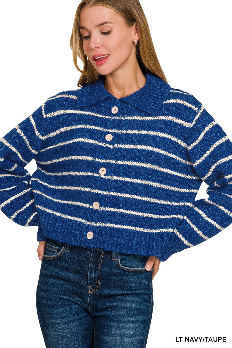 Blue and White Striped Collared Button Down Sweater Cardigan styled with casual jeans.