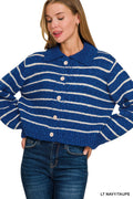 Blue and White Striped Collared Button Down Sweater Cardigan styled with casual jeans.