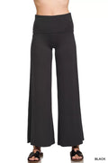 Fold Over Waist Comfy Wide Leg Pants – Inclusive Sizing (S–3XL) in black color, featuring a fold-over waistband and relaxed fit.
