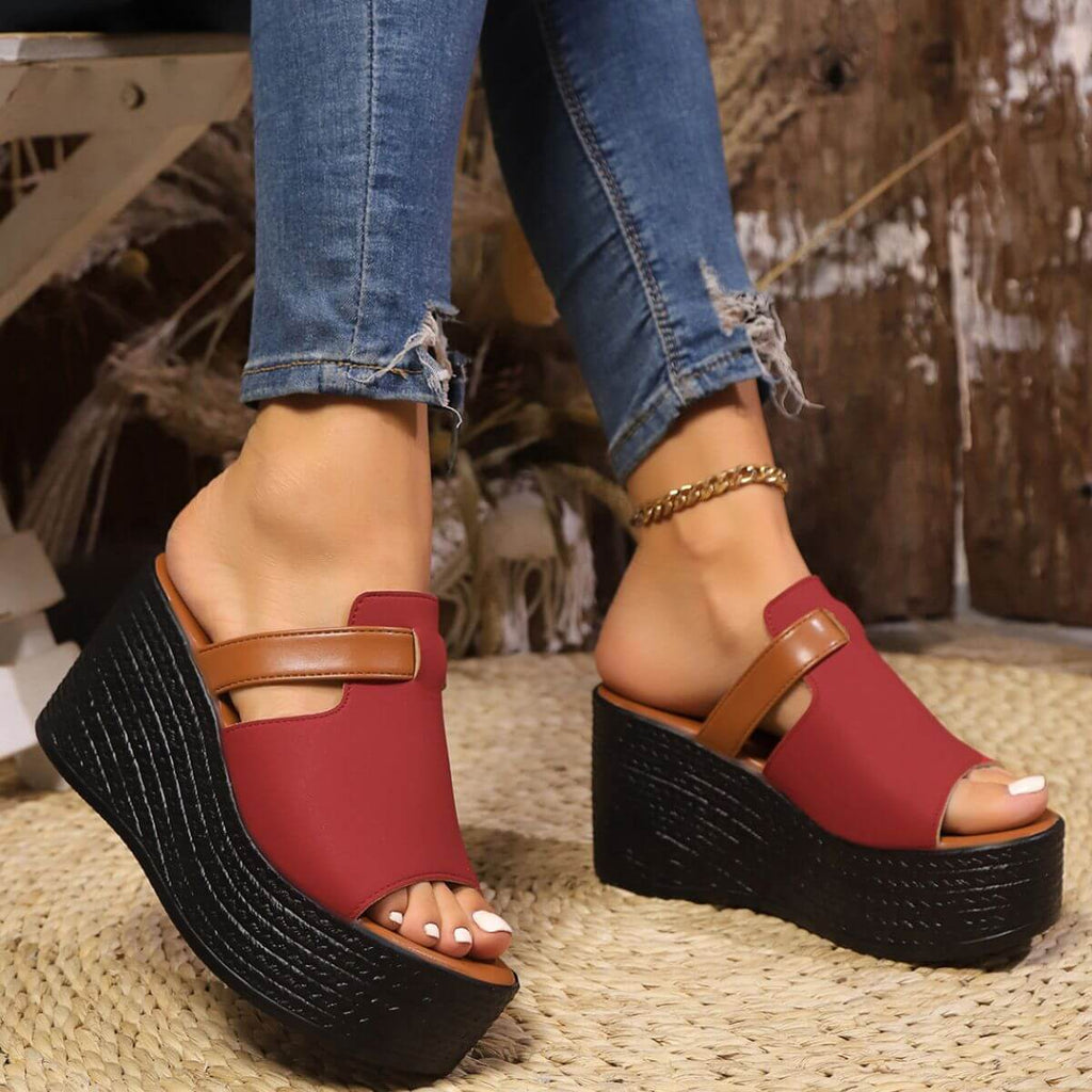 Open Toe Wedge Shoes in stylish red with a black wedge, perfect for comfort and elegance.